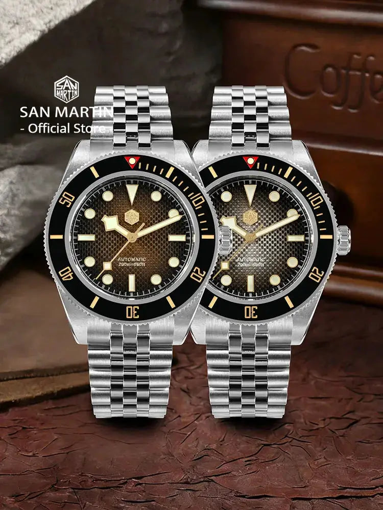 San Martin 40mm BB Diver watches pair with stainless steel bracelets, black bezels, gold-tone hands on brown textured dials