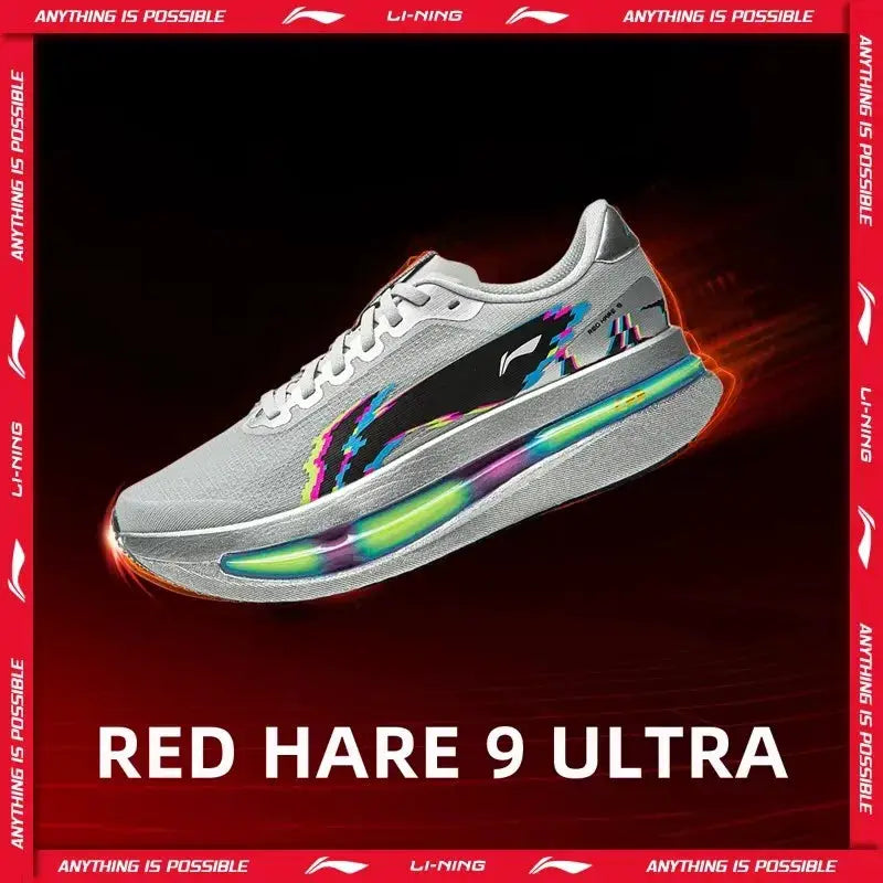 Li-Ning Red Hare 9 Ultra running shoes; gray mesh upper with colorful side graphics and neon midsole