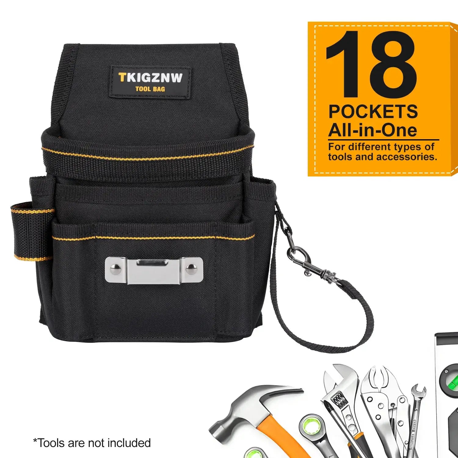 TKIGZNW black tool belt pouch with 18 pockets and yellow stitching, featuring clip and strap