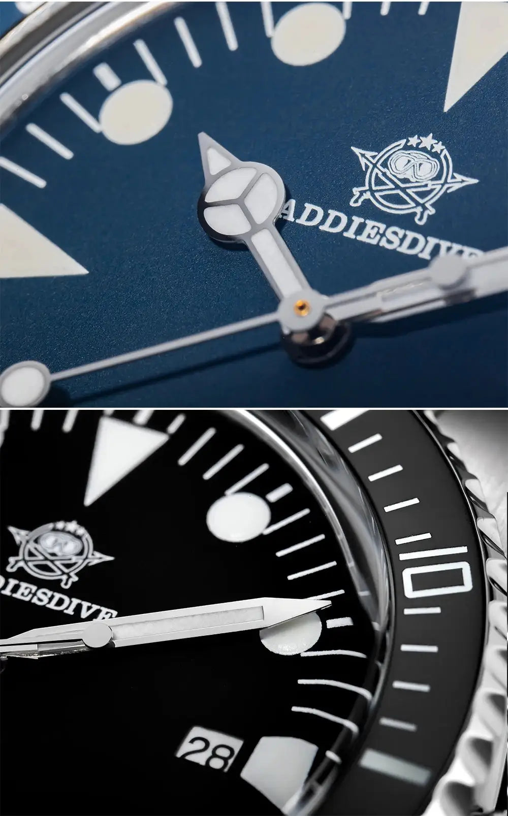 ADDIESDIVE luxury men's analog diver's watch with BGW9 luminous ceramic bezel and bubble mirror glass on a blue dial.