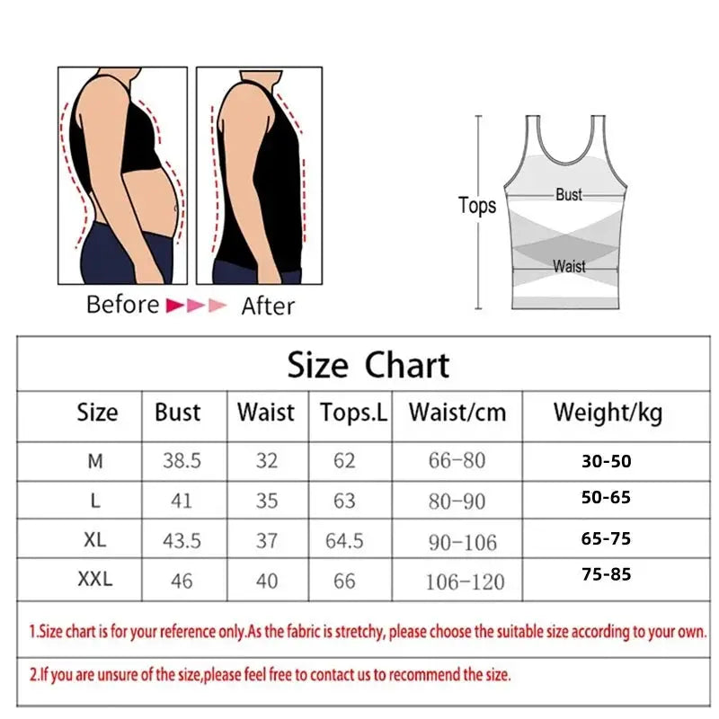 Men compression undershirt tank top with before/after torso diagrams and size chart