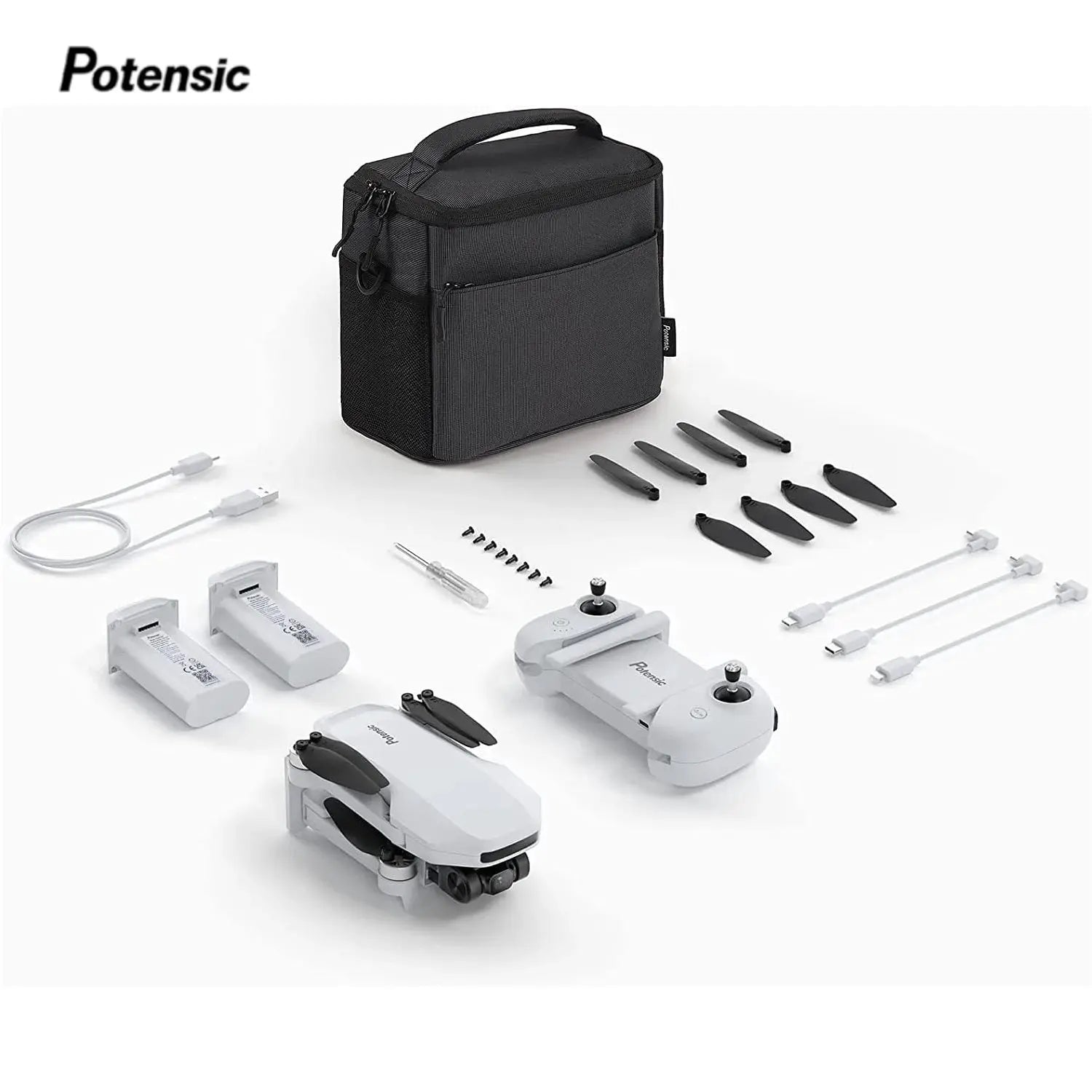 Potensic drone kit with black carrying case, two white drones, spare props, batteries, USB cables and tools.