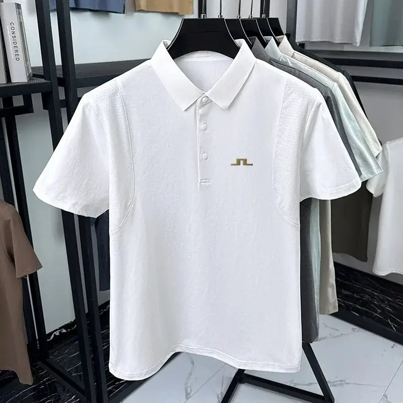 Men's white short-sleeve polo shirt with a small gold logo on the chest.
