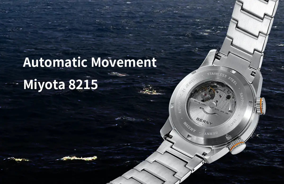 BERNY men's automatic dive watch with stainless steel bracelet and exhibition caseback showing movement