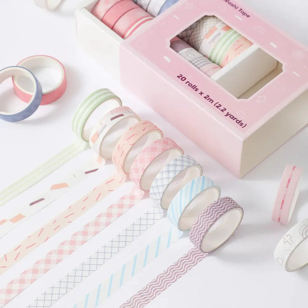 20 rolls of colorful slim washi tape; 10mm wide, 2m long, pastel patterns for journaling and scrapbooking.