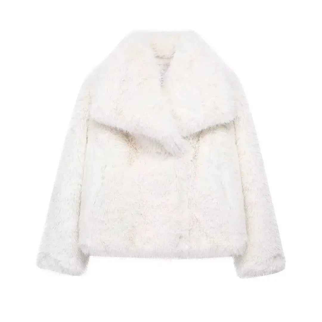 HH Women Fashion Cropped Faux Fur Jacket Coat Long Sleeve Front Snap Button Closure Lapel Collar Thick Outerwear Chic