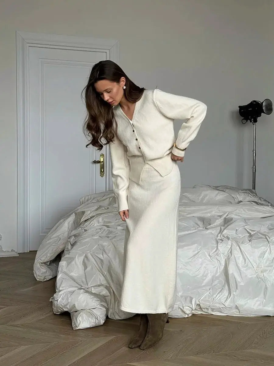 Hirsionsan Two Piece Set Women Polo Neck Cardigan And Midi Dress