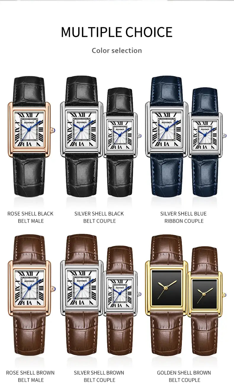 Simples Market rectangular quartz watches with leather straps in black, blue, brown, and gold tones for men and women