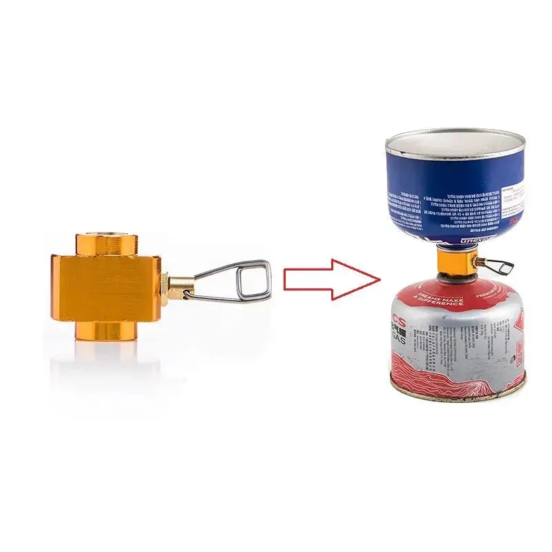 Widesea camping propane refill adapter, orange metal connector beside red LPG canister with blue burner