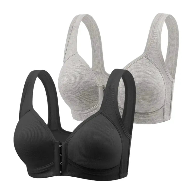 Fallsweet seamless front-closure bra two-pack in black and gray, wire-free full-coverage bralettes by Simples Market