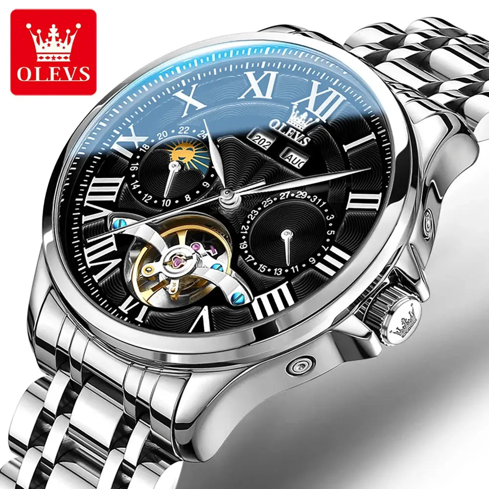 OLEVS 7013 men's watch with moon phase, hollow flywheel, Roman numerals and stainless steel bracelet