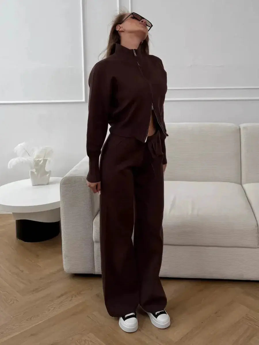 Bornladies Knit Zip Up Cropped Cardigan With Wide Leg Pants Set Women