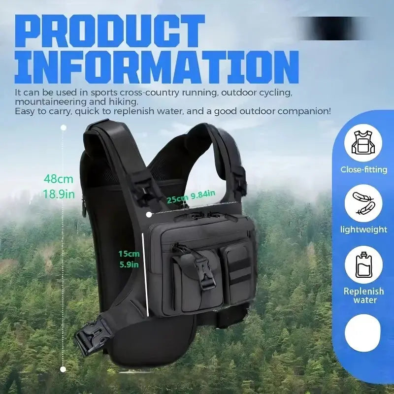 Simples Market lightweight running chest pack in black with multiple front pockets; no water bladder