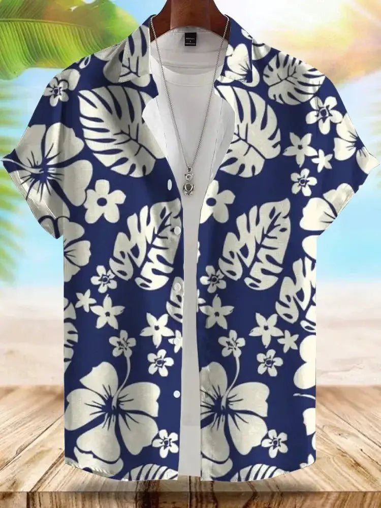 Seaside Hawaiian Style men's shirt by Simples Market, navy blue hibiscus print, short sleeves