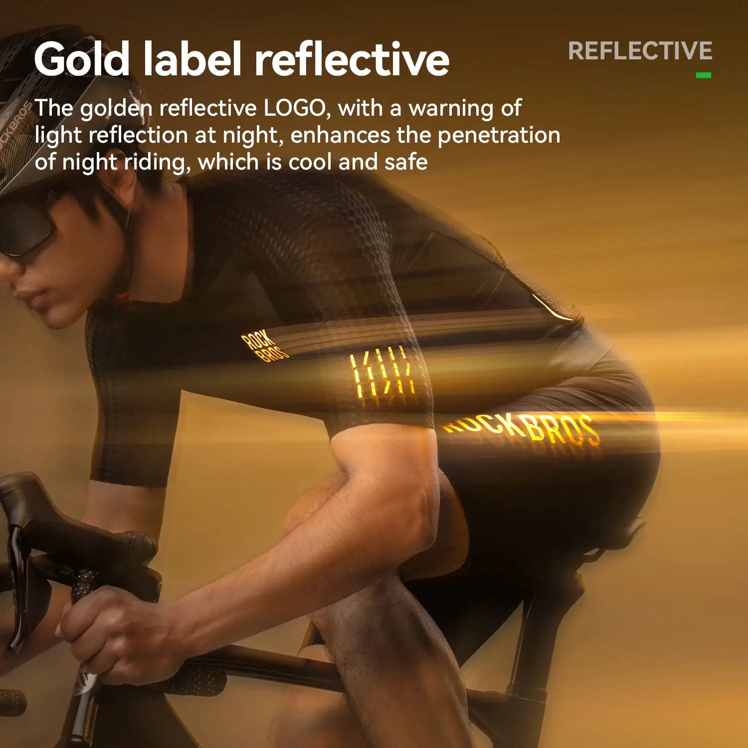 ROCKBROS men's summer cycling short-sleeve jersey, black breathable fabric with gold reflective logo accents
