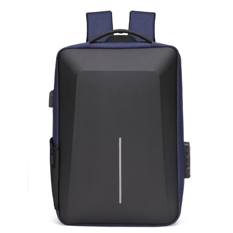 Men's navy hard-shell backpack with USB charging port; anti-theft, high-capacity travel bag