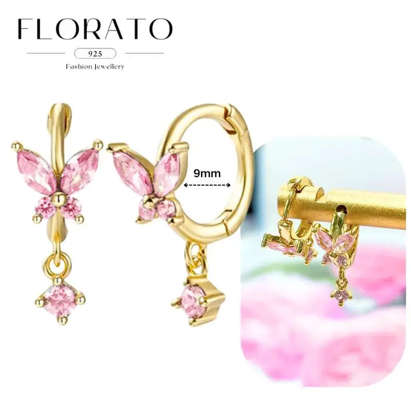 Gold-tone hoop earrings with pink butterfly zircon pendants, Florato 925 fashion jewellery