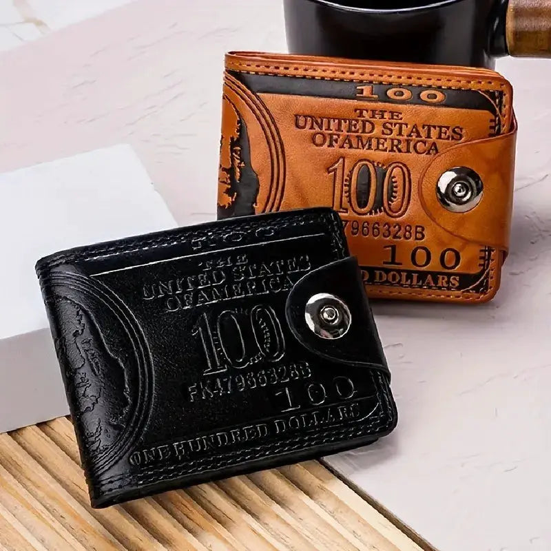 Simples Market men's genuine leather slim bifold RFID wallet; black and tan money-print US bill design, 2 wallets shown