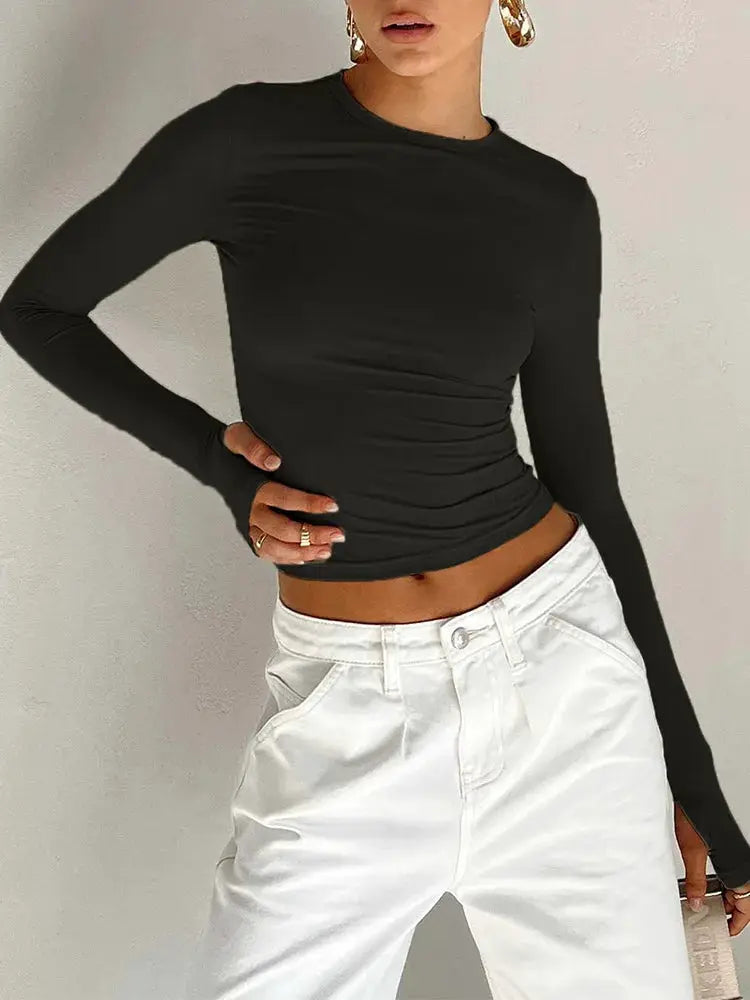Womens Long Sleeve Crew Neck Crop Top With Thumb Holes Slim Fit Solid Color Streetwear For Daily Summer