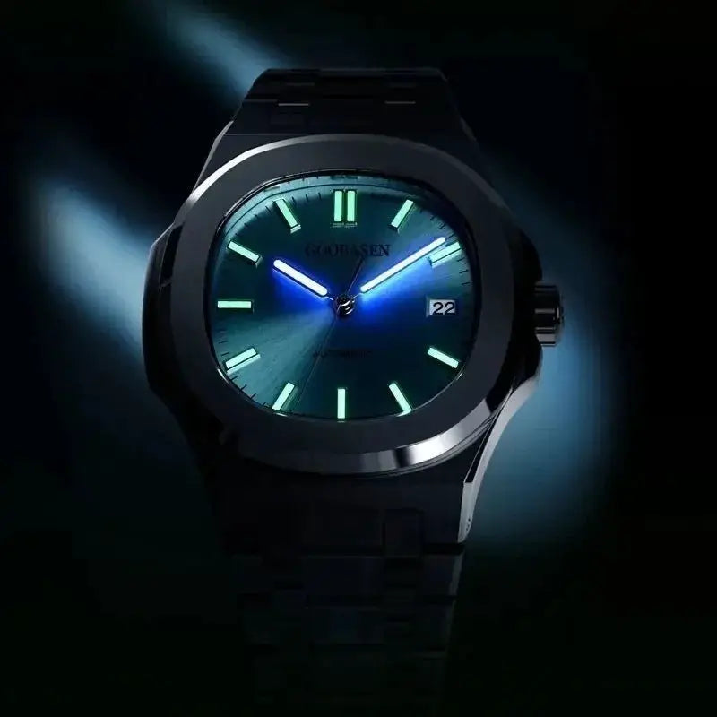 LuxTime Aurora Automatic Luminous Stainless Steel Mens Watch With Luminous Dial Water Resistant 3 Bar