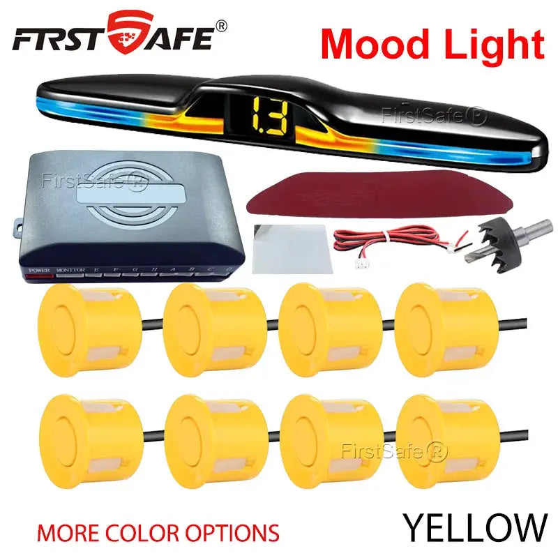 FirstSafe Mood Light parking sensor kit by Simples Market; 8 yellow sensors, mood-display bar, and controller