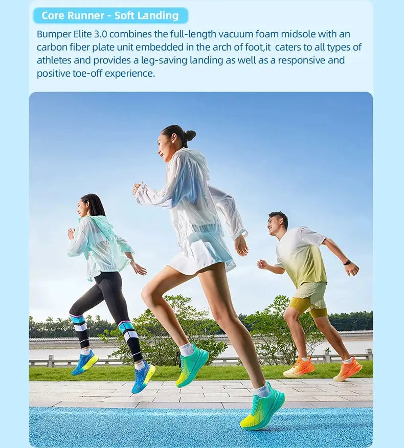 ONEMIX New Cushioning Running Shoes; three runners wear colorful sneakers with neon yellow outsoles.