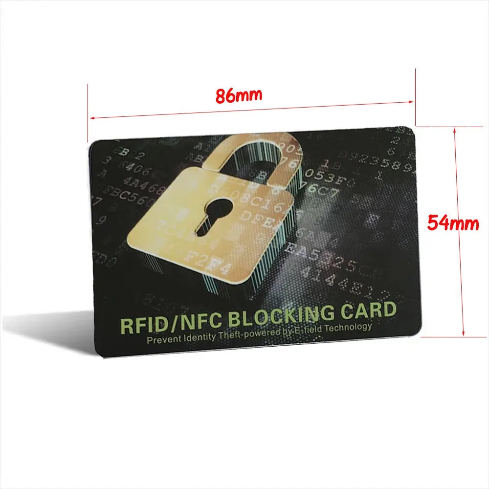 RFID blocking card; black card with green text and gold lock graphic, 86×54mm, 1pc anti-theft contactless card protector.