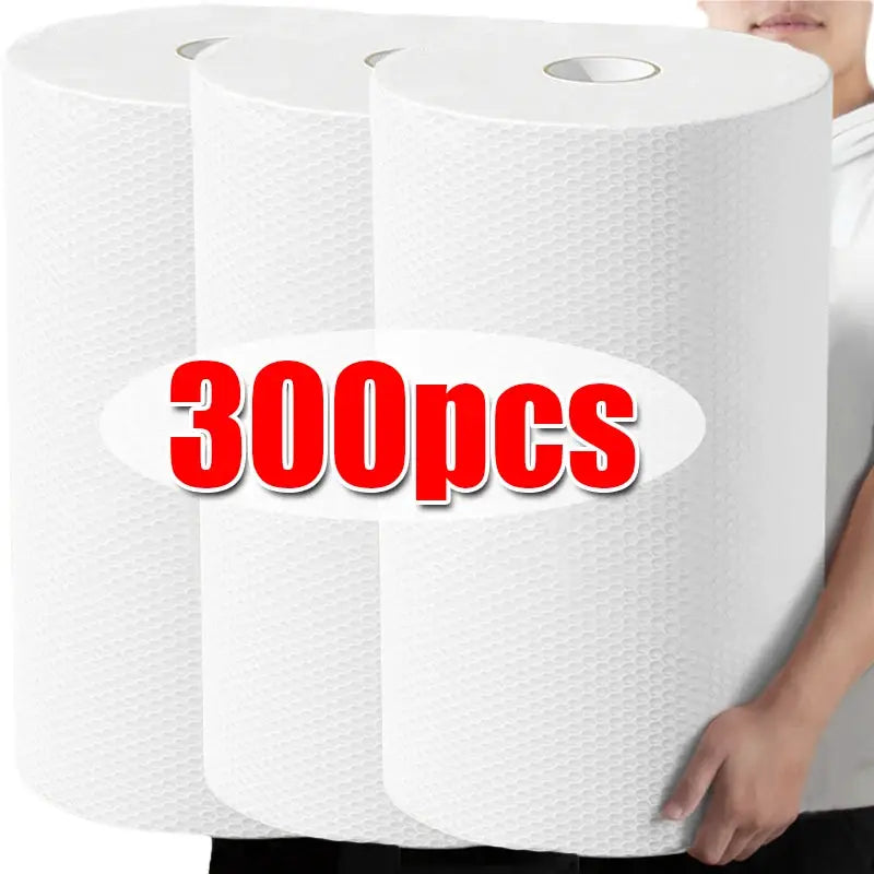 Kitchen disposable rags, three white non-woven cleaning cloth rolls by Simples Market, 300pcs