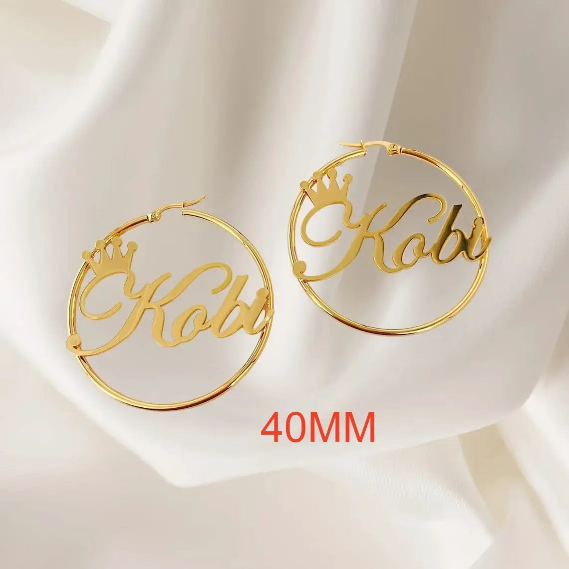 Custom crown name hoop earrings, gold-tone stainless steel nameplate hoops with crown motif, pair, 40mm
