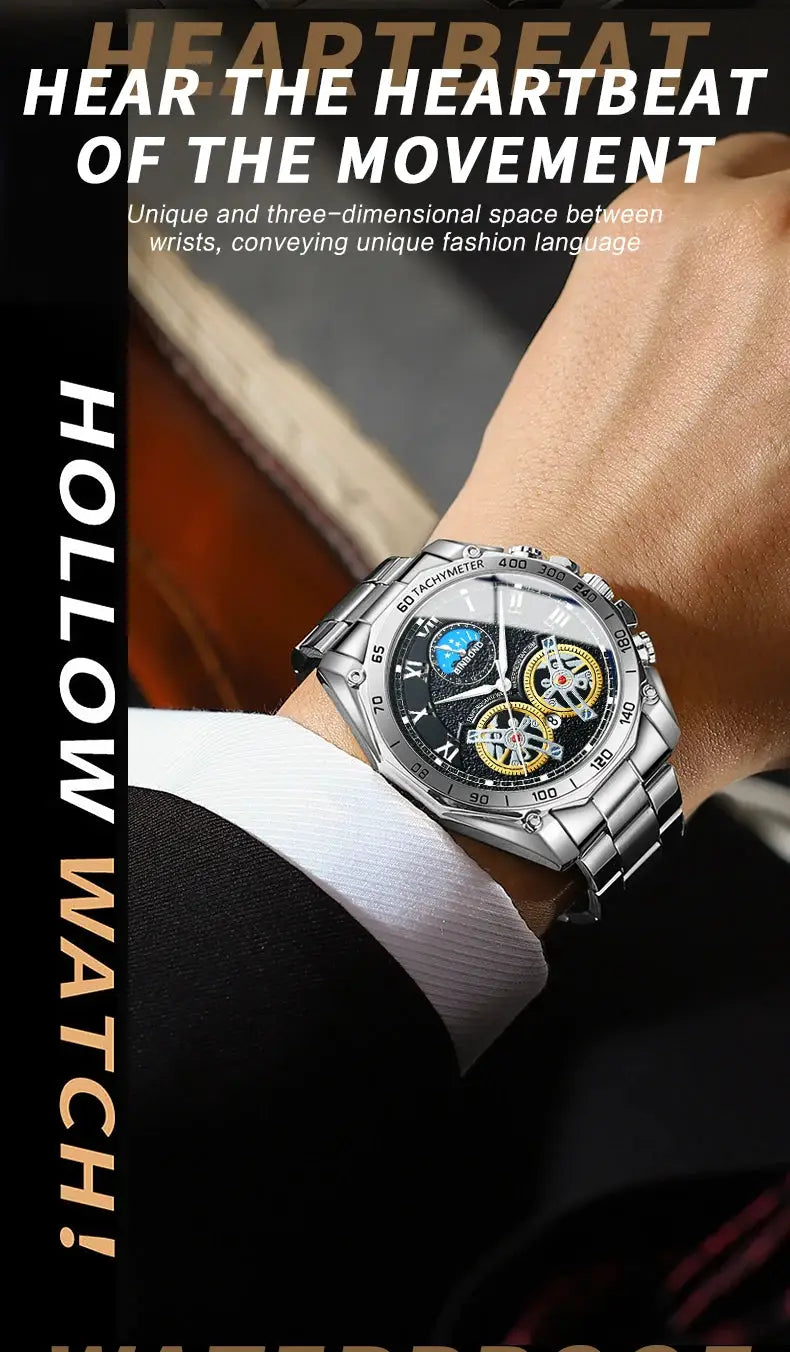 BINBOND luxury men’s quartz watch with stainless steel bracelet, decorative skeleton dial and tachymeter bezel