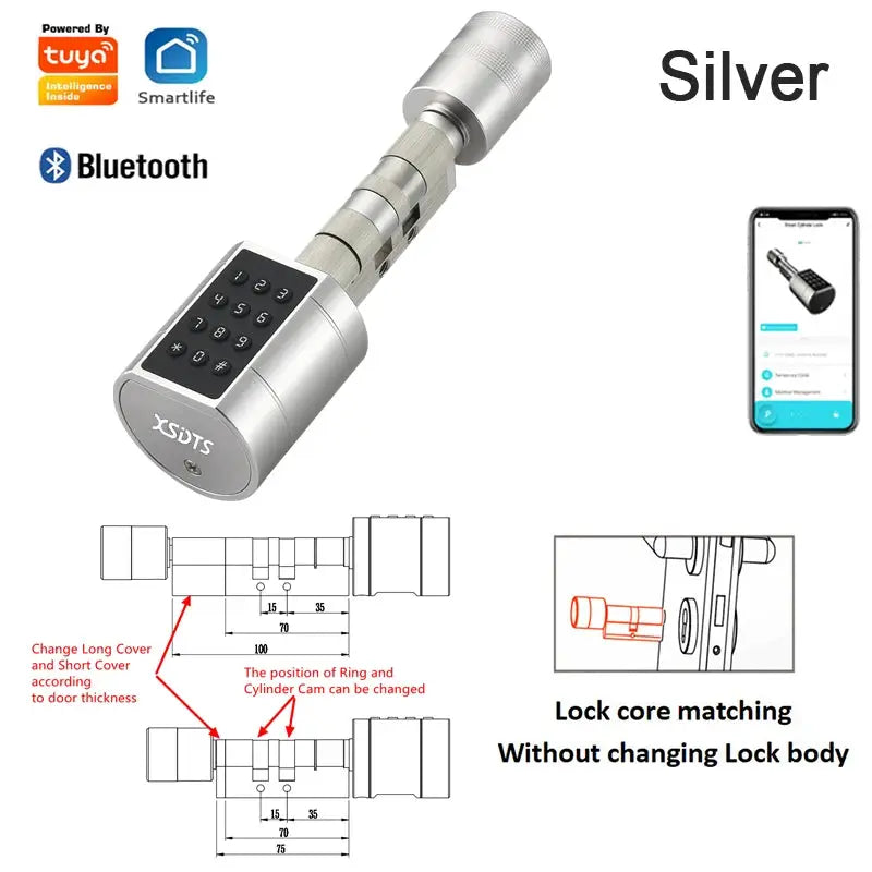 Simples Market Tuya fingerprint cylinder smart door lock with digital keypad, silver finish and Bluetooth app control