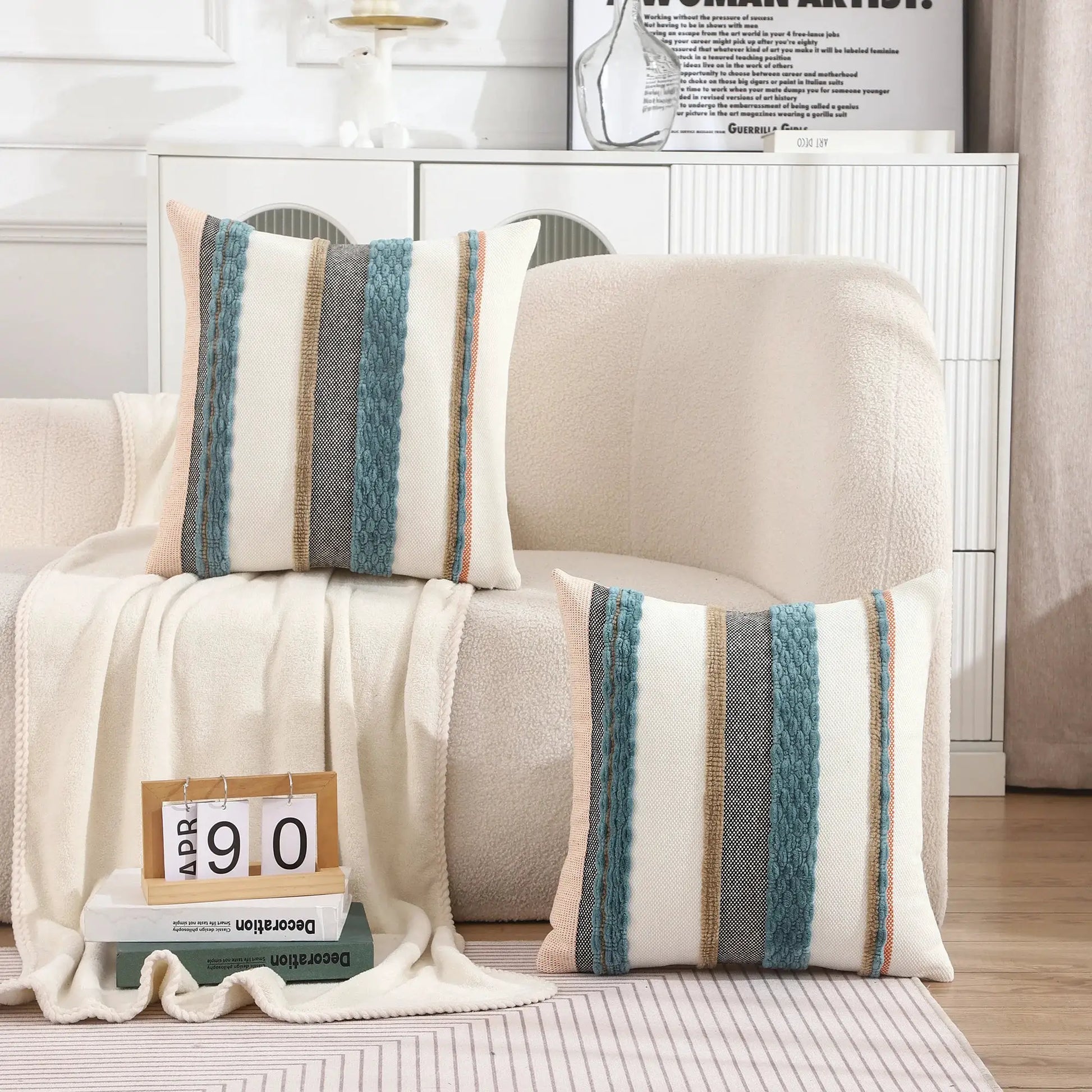 Two 18x18 in Boho striped pillow covers in beige with teal chenille stripes