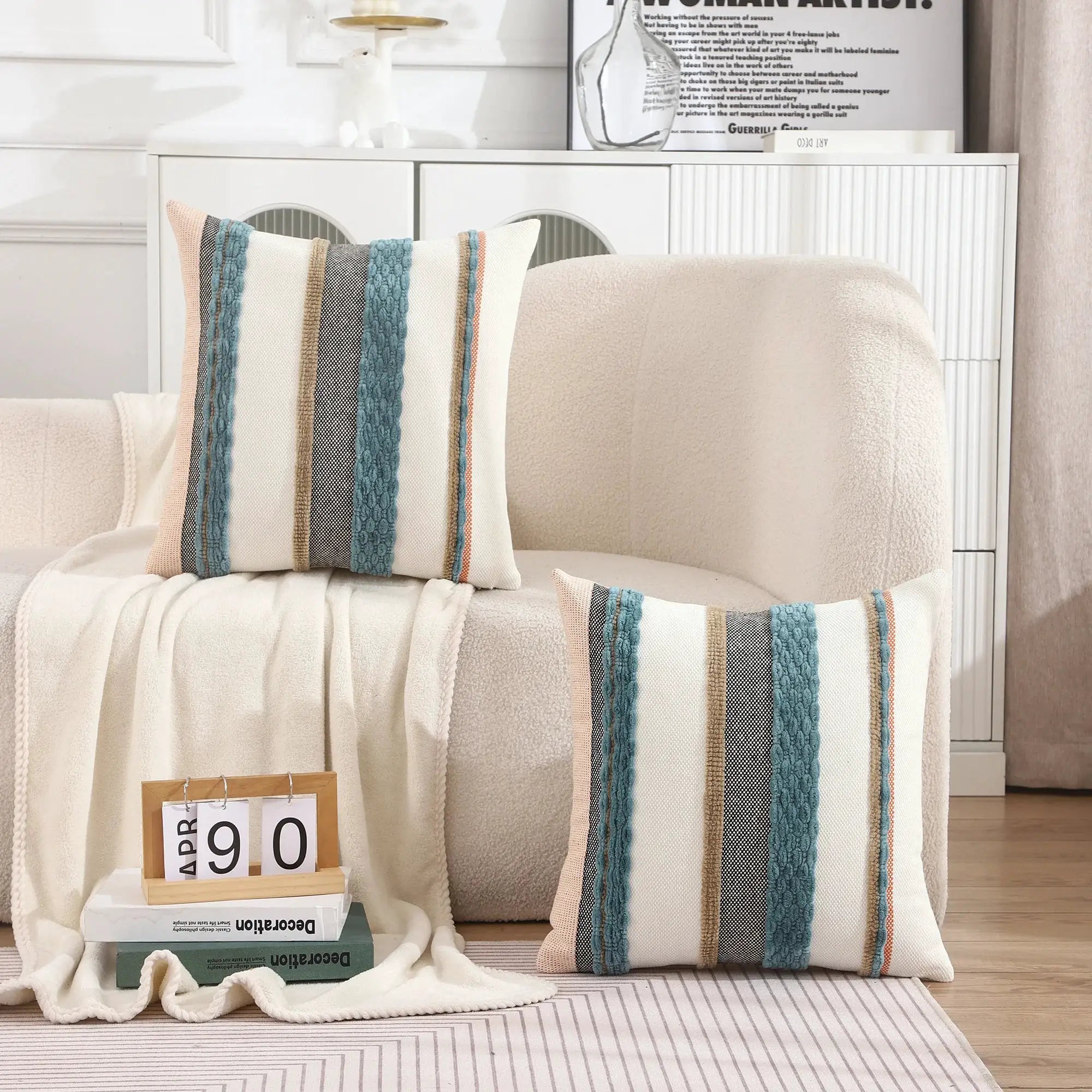 Two 18x18 in Boho striped pillow covers in beige with teal chenille stripes