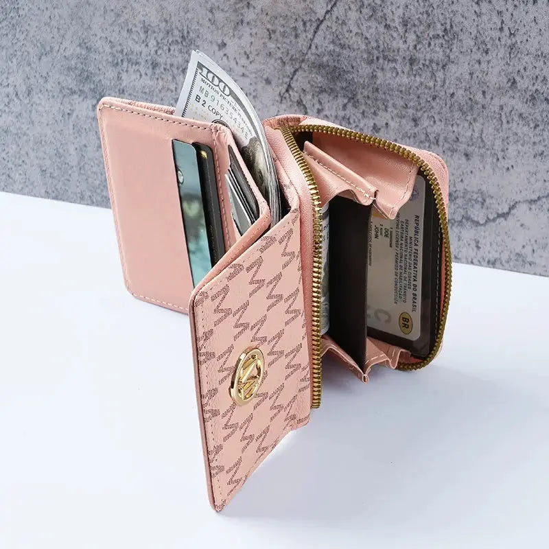 Simples Market women's pink PU leather wallet with zip-around coin pocket and multiple card slots