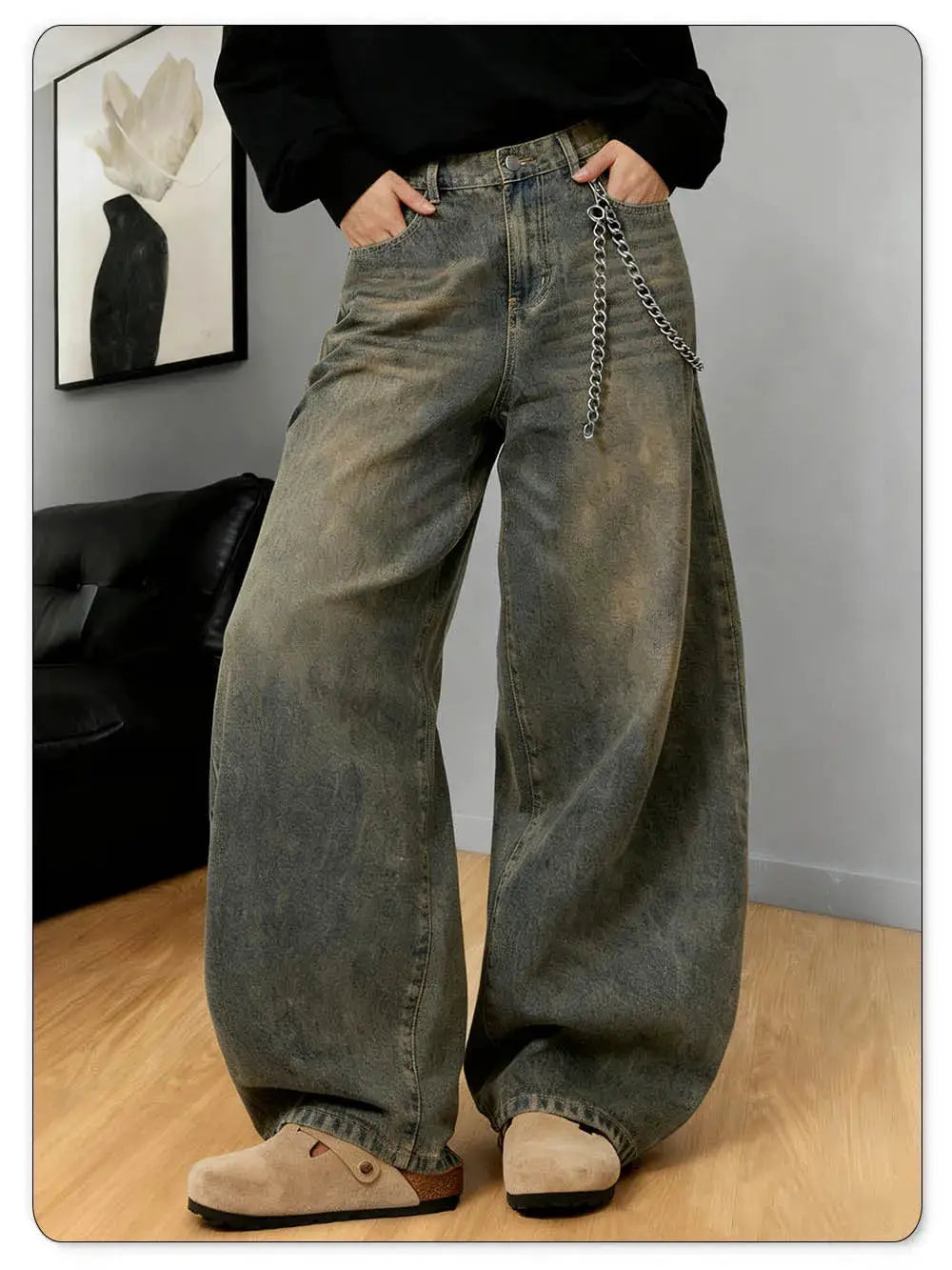 LIYS American Retro baggy wide-leg denim jeans with distressed acid-wash, silver chain detail, men's unisex