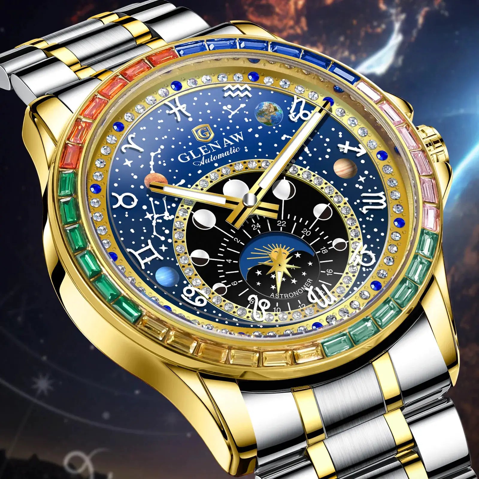 GLENAW Rainbow Circle Mechanical Watch, two-tone gold and silver bracelet with multicolor gemstone bezel and constellation dial