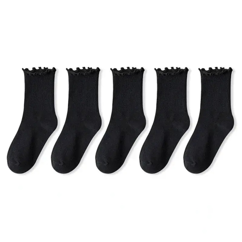 Cotton Ruffles Ankle Socks For Women Lolita Kawaii Korean Style Spring Black White 1 3 5 Pairs