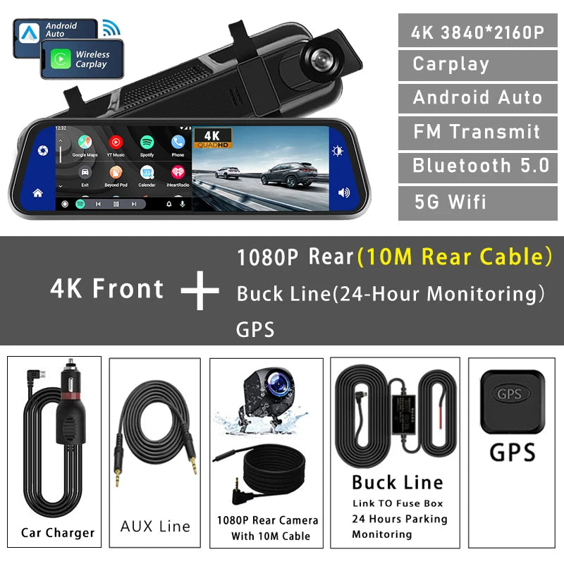 10In Dash Cam 4K 3840x2160P CarPlay Android Auto GPS WiFi Rear Mirror