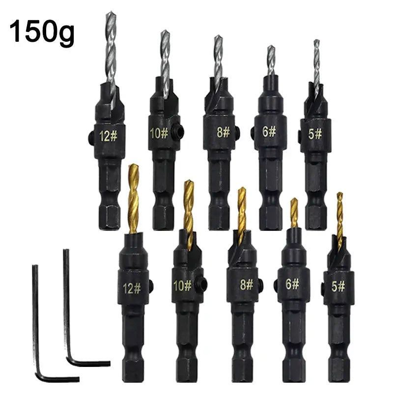 5 Piece Woodworking Taper Hex Shank Countersunk Drill Bit Set For Flush Screw Heads