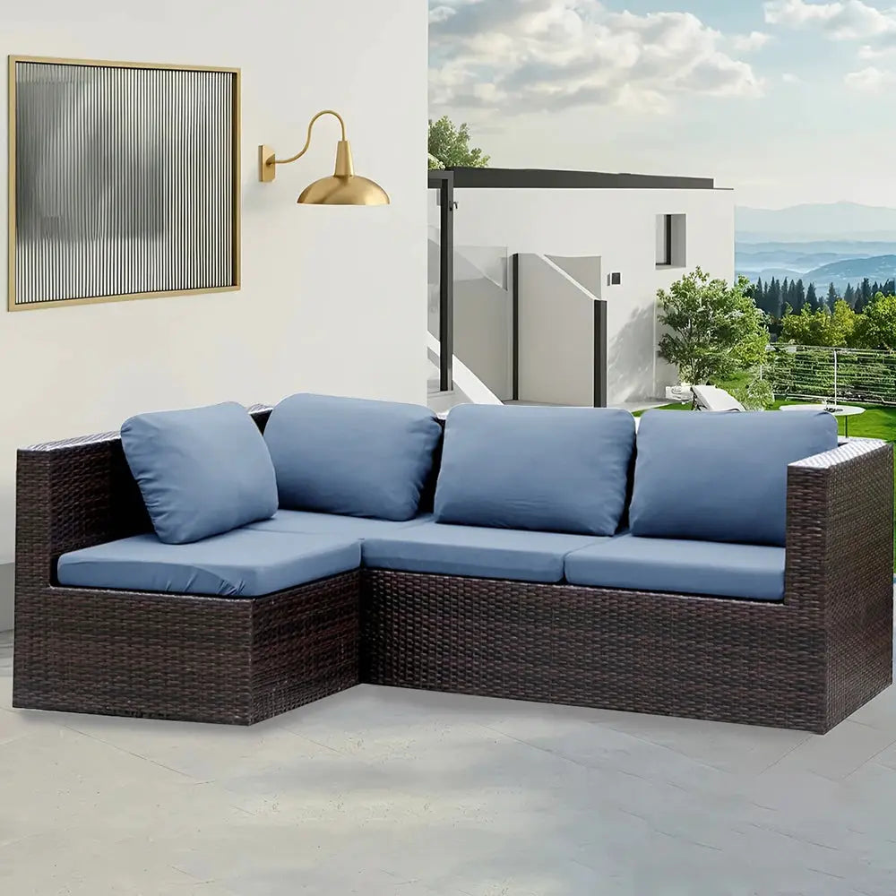 Luxury outdoor elastic sofa cover set by Simples Market with solid blue cushions for garden patio on a wicker sectional.