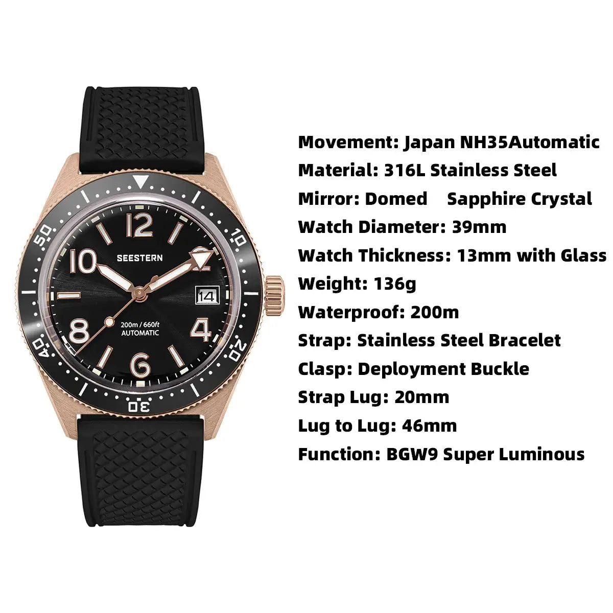 SEESTERN Diver Men's Watch with rose-gold case, black dial showing 200m water resistance, and black rubber strap