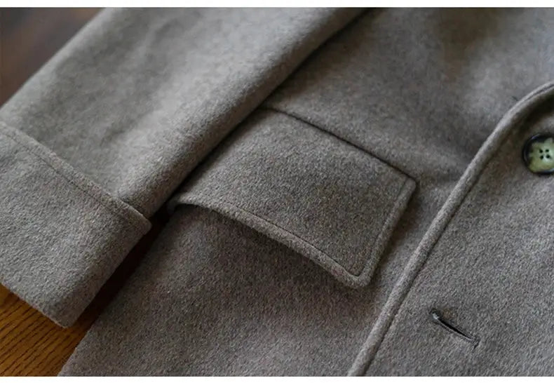 Mauroicardi green wool-blend overcoat sleeve with flap pocket, gray-green finish.