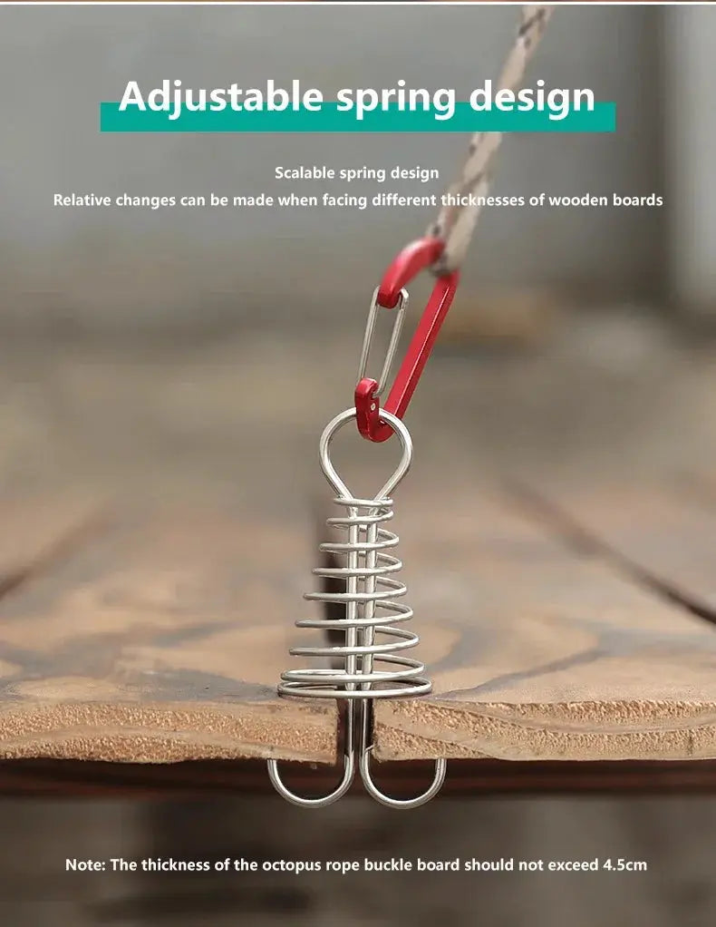 Outdoor camping octopus rope buckle in stainless steel with spring coil and loops, red carabiner attached