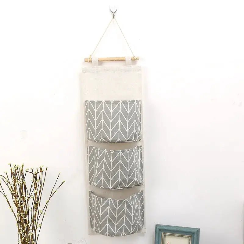 Three Pocket Hanging Wall Storage Bag Cotton Linen Organizer For Bedroom Living Room Kitchen Door Or Wall Mount - Simples Market