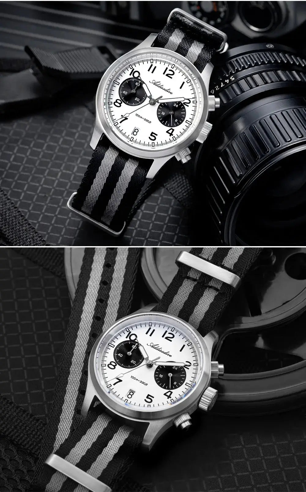 Addiesdive men's watch with white dial, black subdials, stainless steel case, 39mm, striped black-gray NATO strap
