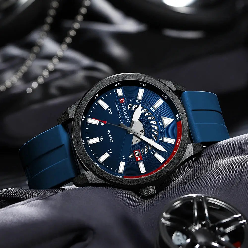 CURREN men's wristwatch with blue dial and silicone strap, quartz movement