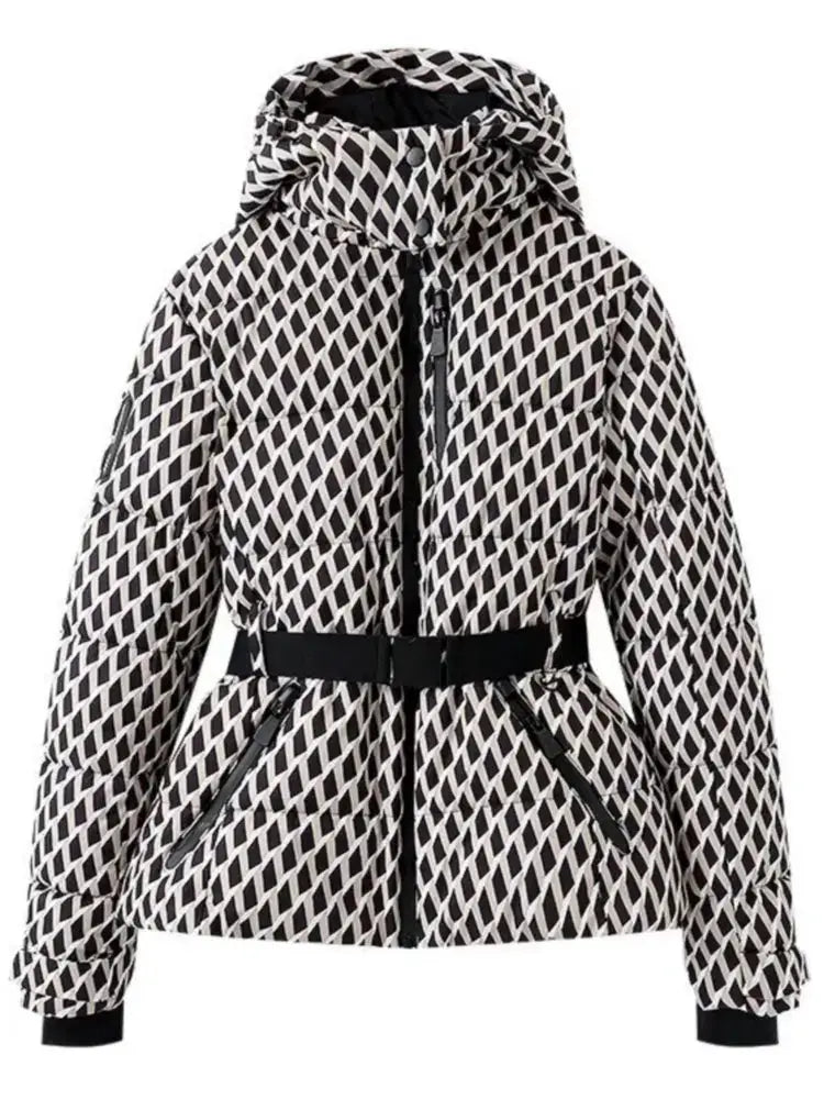 FrostPeak Womens Winter Hooded High Waist Padded Parka Belted Windproof Insulated Coat With Pockets For Skiing