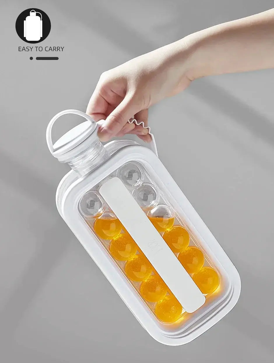 Simples Market portable 2-in-1 folding ice maker water bottle with ice cube mold, white housing and orange ice spheres