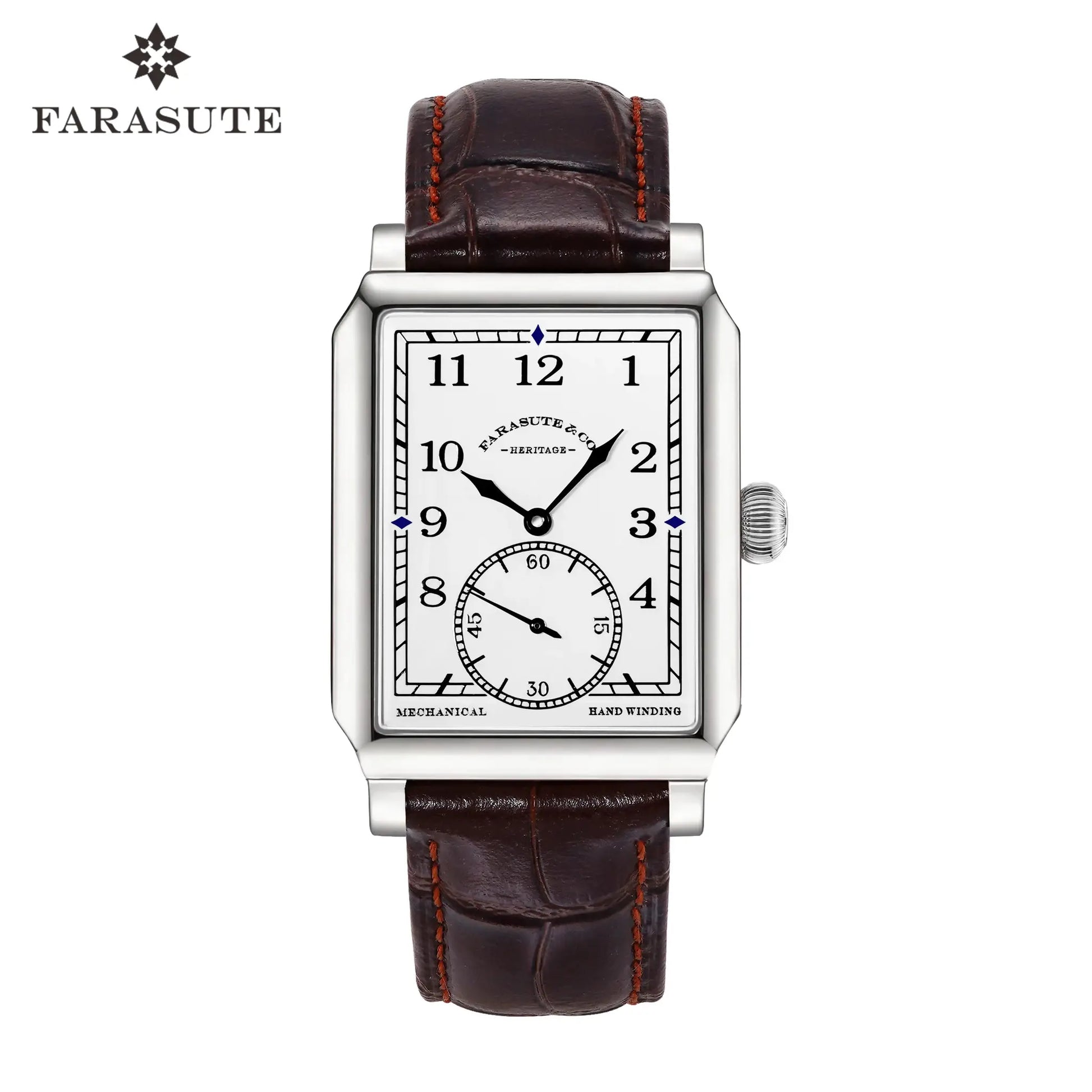 FARASUTE men's square mechanical watch with brown leather strap, silver case, white dial