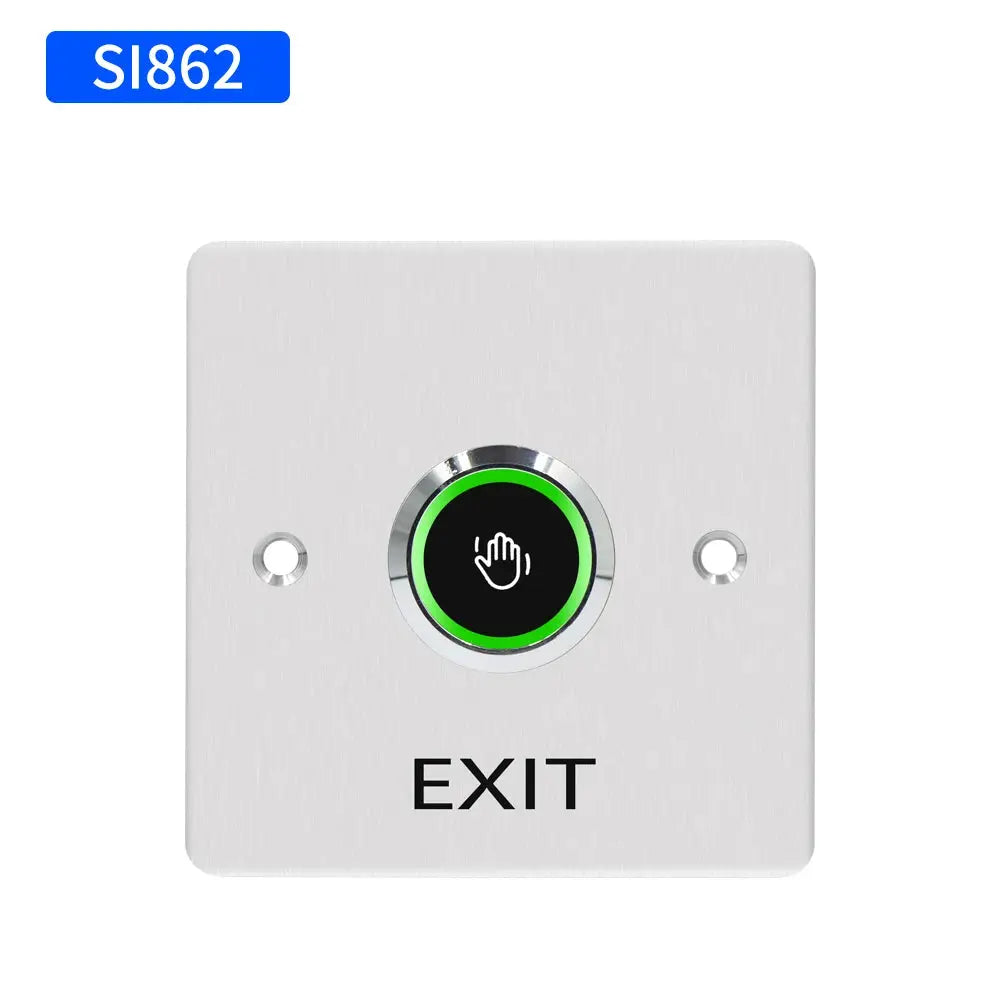 Exit button panel; infrared no-touch switch with green LED ring on brushed metal plate, EXIT text